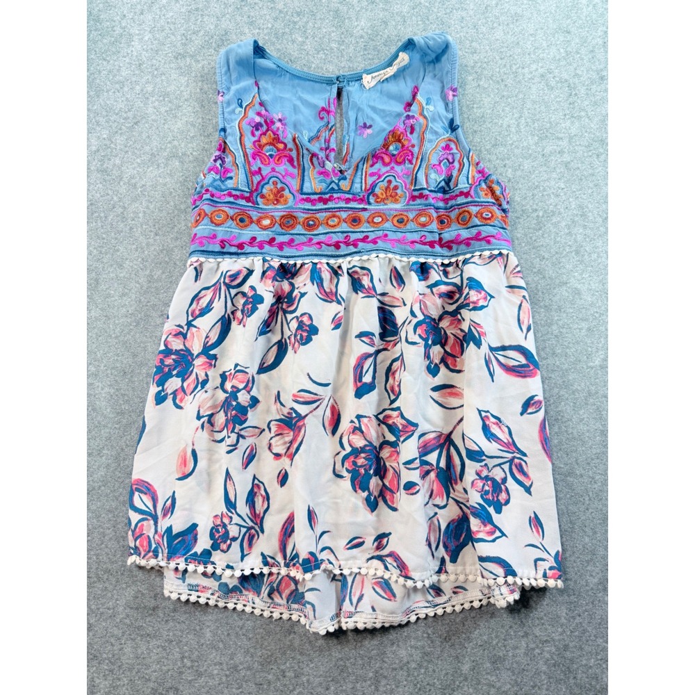 Penelope Project Blue Embroidered Floral Pom Pom Trim Sleeveless Top Medium